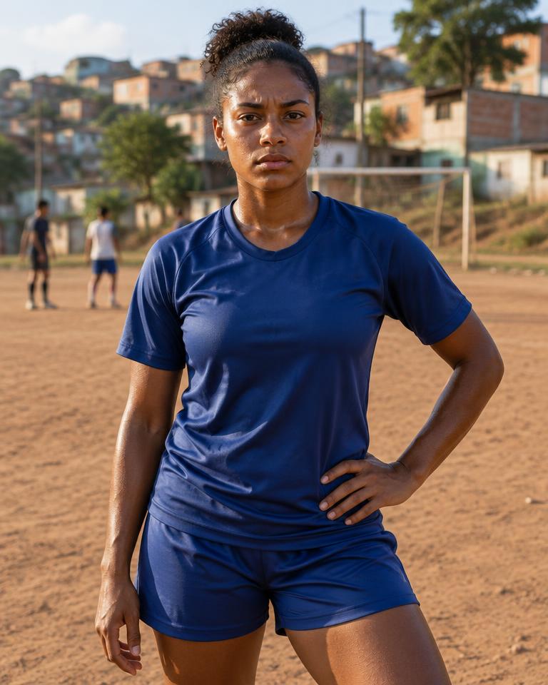 Jogadora de futebol em campo de várzea