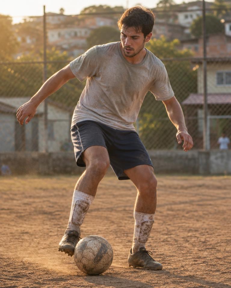 Jogador em disputa de bola no campo de terra