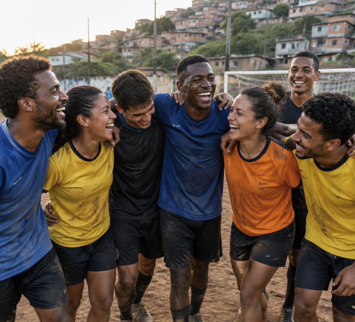 Galera reunida após o jogo no campo de terra