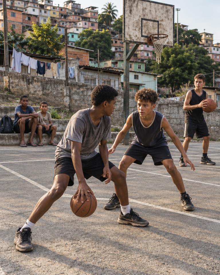 Moleques jogando basquete na quadra de rua da comunidade