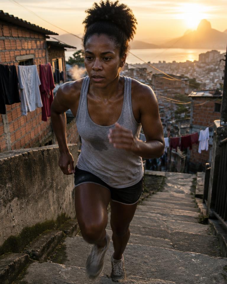 Mulher correndo na escadaria do morro ao amanhecer