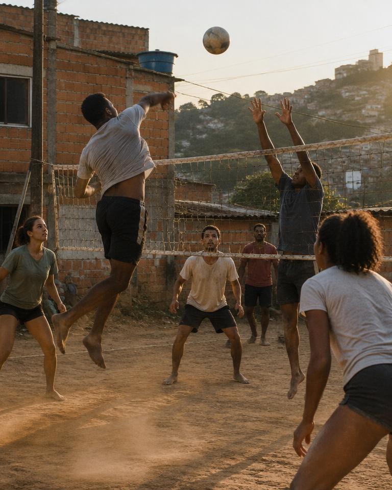 Galera jogando vôlei na rua, um jogador saltando para cortar a bola