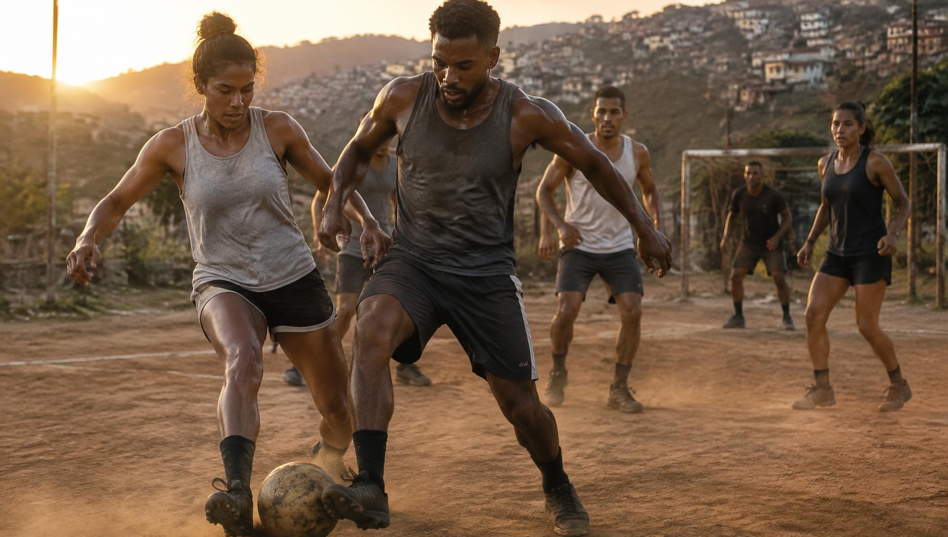 Jogadores de futebol de várzea disputando a bola em campo de terra
